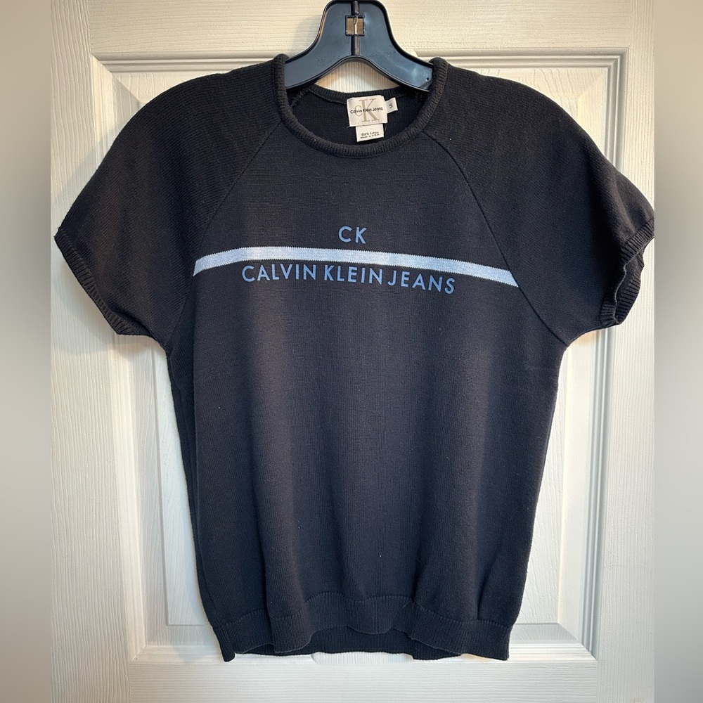 CK Calvin Klein short sleeve logo navy sweater size small